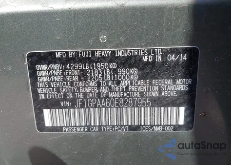 2014 Subaru Impreza 2.0I z USA, uszkodzony, nr VIN JF1GPAA60E8287955